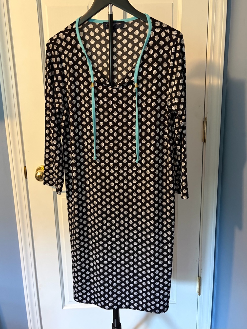 Jones New York Black and White Printed Swim Coverup with Turquoise Drawcord